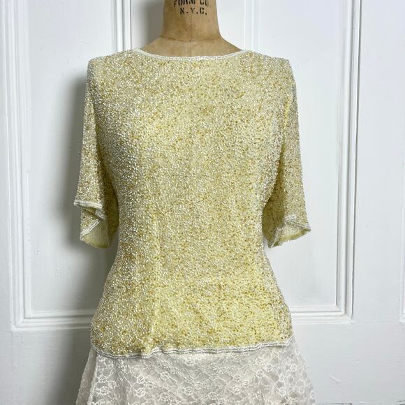 Odeon vintage glamorous short sleeve yellow beaded top with zipper size xl - Picture 2 of 8